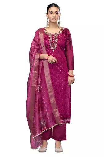 Women's magenta unstitched handwork modal cotton dress material 