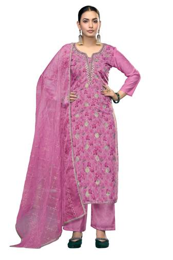Women's baby pink unstitched embroidered viscose organza banarasi dress material 