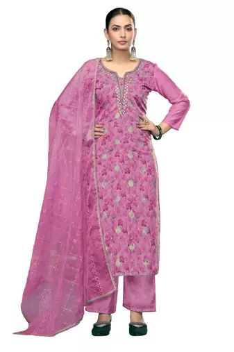 Women's baby pink unstitched embroidered viscose organza banarasi dress material 