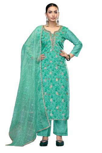 Women's sea green unstitched embroidered viscose organza banarasi dress material 