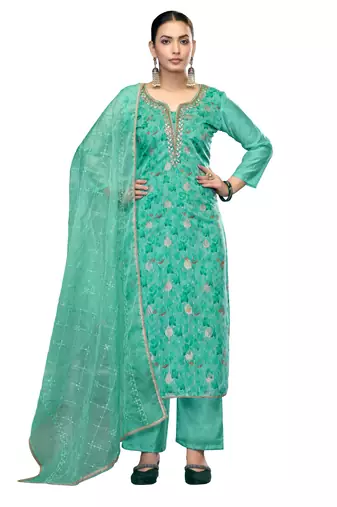 Women's sea green unstitched embroidered viscose organza banarasi dress material 