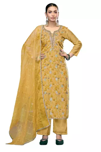 Women's yellow unstitched embroidered viscose organza banarasi dress material 