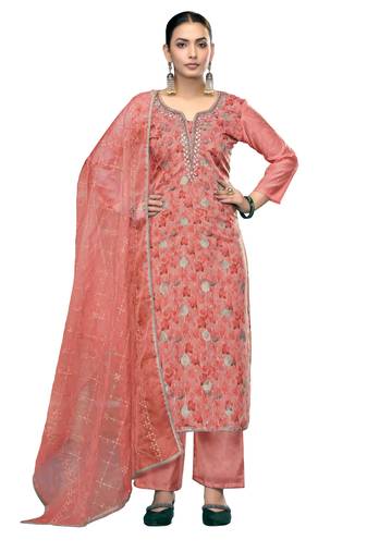 Women's peach unstitched embroidered viscose organza banarasi dress material 