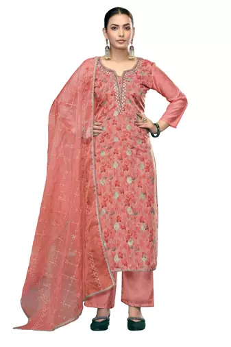 Women's peach unstitched embroidered viscose organza banarasi dress material 