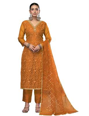 Women's yellow embroidered viscose organza dress material 1