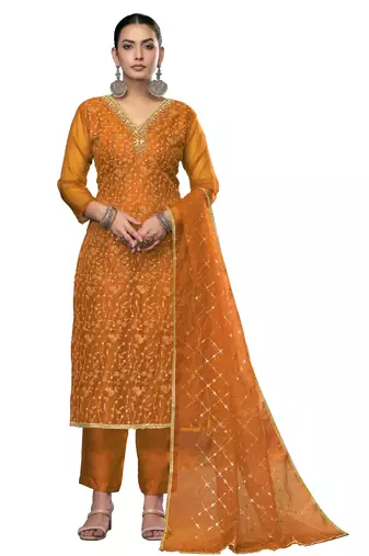 Women's yellow unstitched embroidered viscose organza dress material 