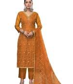 Women's yellow embroidered viscose organza dress material