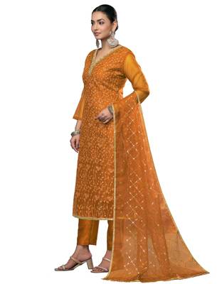 Women's yellow embroidered viscose organza dress material 2