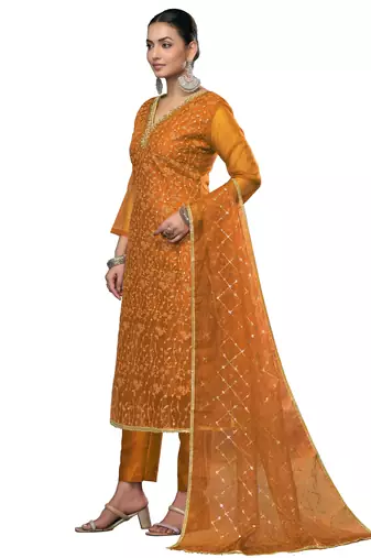 Women's yellow embroidered viscose organza dress material