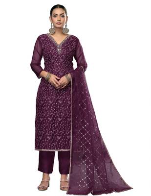 Women's blue embroidered viscose organza dress material 1