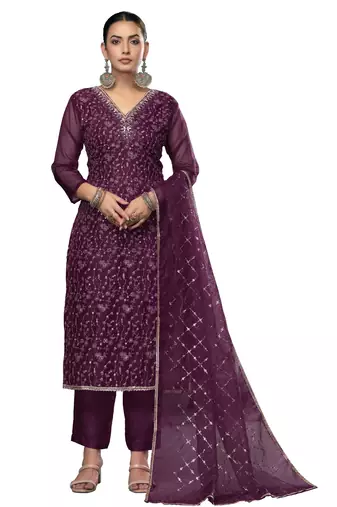 Women's blue unstitched embroidered viscose organza dress material 