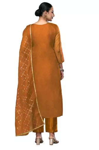 Women's yellow embroidered viscose organza dress material