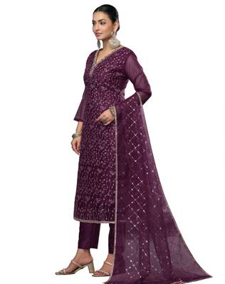 Women's blue embroidered viscose organza dress material 2