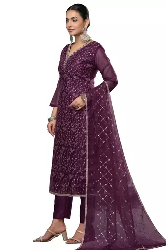 Women's blue embroidered viscose organza dress material