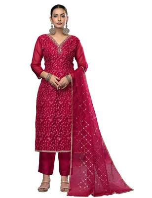 Women's maroon embroidered viscose organza dress material 1