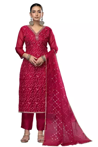 Women's maroon unstitched embroidered viscose organza dress material 