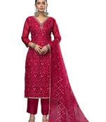 Women's maroon embroidered viscose organza dress material
