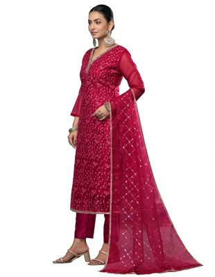 Women's maroon embroidered viscose organza dress material 2
