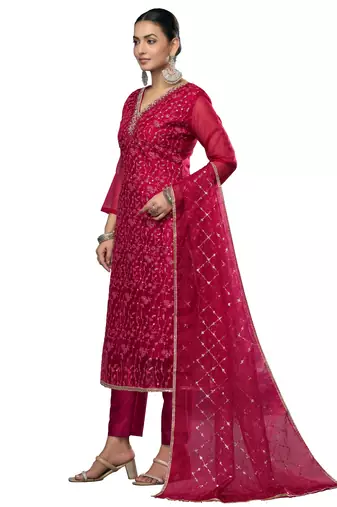 Women's maroon embroidered viscose organza dress material