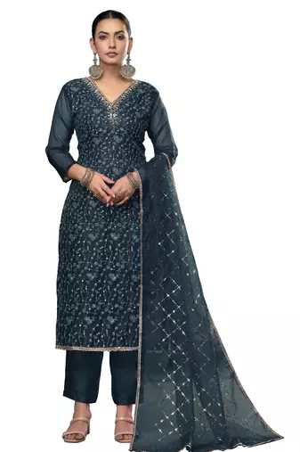Women's teal blue unstitched embroidered viscose organza dress material 