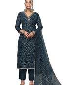 Women's teal blue unstitched embroidered viscose organza dress material 