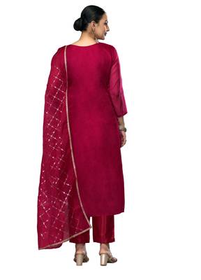 Women's maroon embroidered viscose organza dress material 3