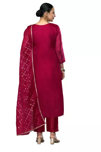 Women's maroon embroidered viscose organza dress material