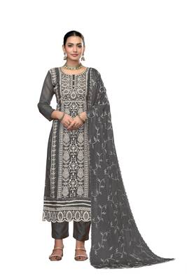 Women's dark grey embroidered viscose organza dress material 1