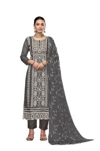 Women's dark grey unstitched embroidered viscose organza dress material 