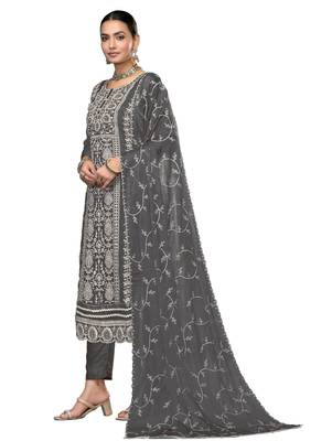 Women's dark grey embroidered viscose organza dress material 2