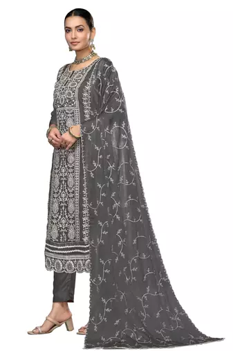 Women's dark grey embroidered viscose organza dress material