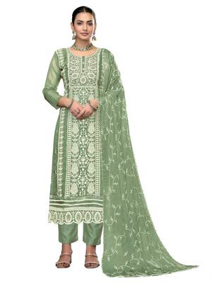 Women's pista green embroidered viscose organza dress material 1