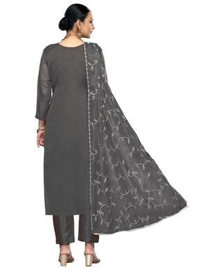 Women's dark grey embroidered viscose organza dress material 3