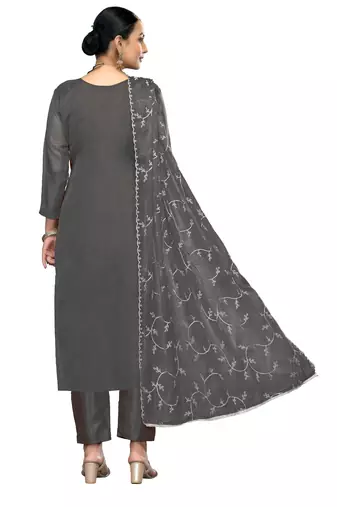 Women's dark grey embroidered viscose organza dress material