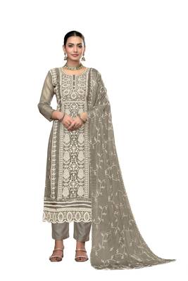 Women's light grey embroidered viscose organza dress material 1