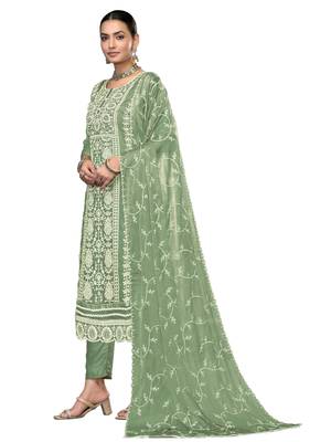 Women's pista green embroidered viscose organza dress material 2
