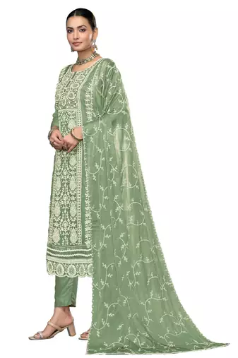 Women's pista green embroidered viscose organza dress material