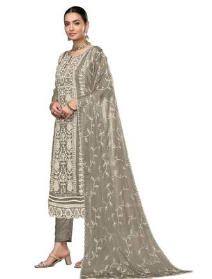 Women's light grey embroidered viscose organza dress material 2