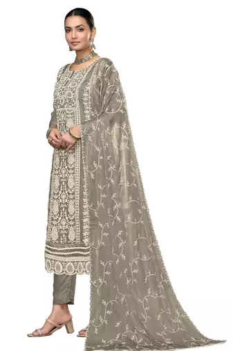 Women's light grey embroidered viscose organza dress material