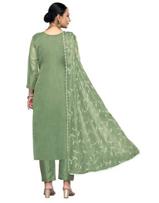 Women's pista green embroidered viscose organza dress material 3