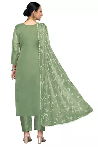 Women's pista green embroidered viscose organza dress material