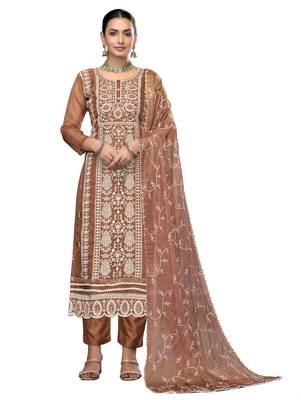 Women's rust embroidered viscose organza dress material 1
