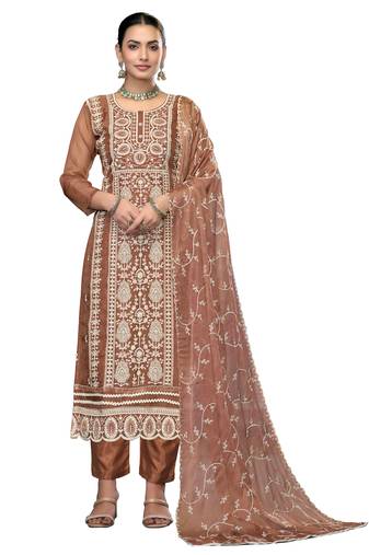 Women's rust unstitched embroidered viscose organza dress material 