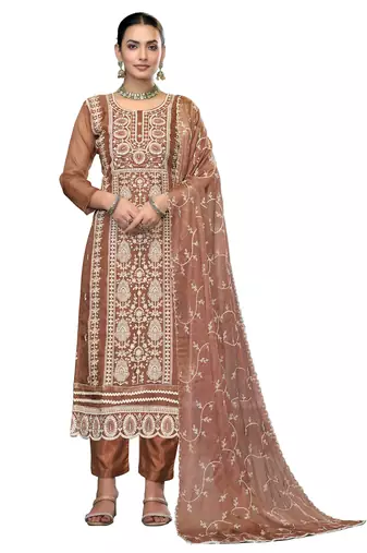 Women's rust unstitched embroidered viscose organza dress material 