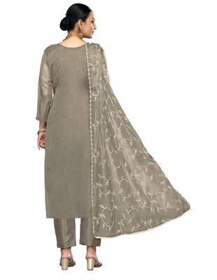 Women's light grey embroidered viscose organza dress material 3