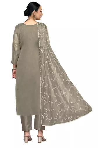 Women's light grey embroidered viscose organza dress material