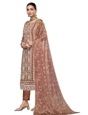 Women's rust embroidered viscose organza dress material 2