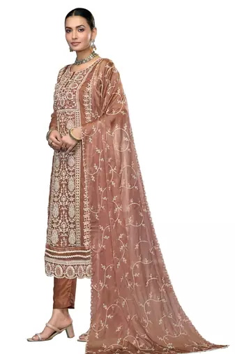 Women's rust embroidered viscose organza dress material