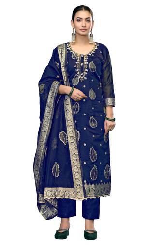 Women's navy blue unstitched handwork modal banarasi dress material 