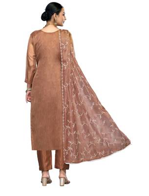 Women's rust embroidered viscose organza dress material 3